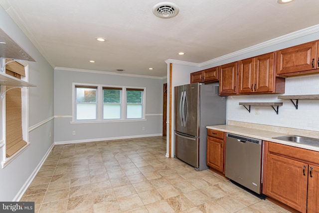 kitchen with stainless steel appliances, tasteful backsplash, and ornamental molding