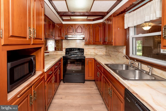 kitchen featuring sink, black appliances, light wood-type flooring, beamed ceiling, and backsplash