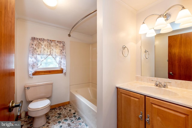 full bathroom with ornamental molding, vanity, toilet, and tub / shower combination