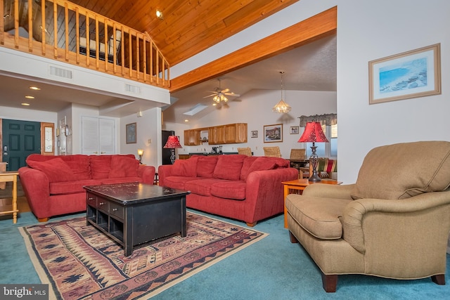 living room with carpet floors, high vaulted ceiling, ceiling fan, and wood ceiling