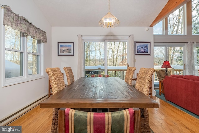 dining area featuring vaulted ceiling, light hardwood / wood-style floors, and a baseboard radiator