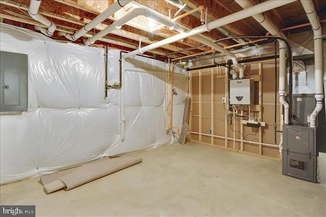 basement with electric panel and water heater