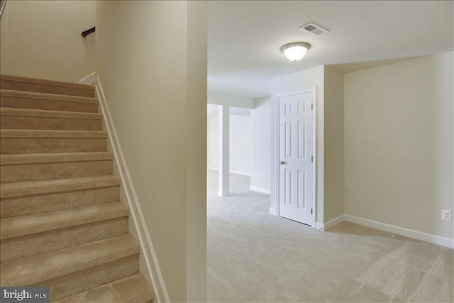 stairs featuring carpet flooring