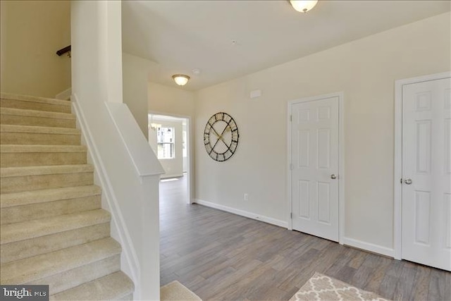 staircase with hardwood / wood-style floors