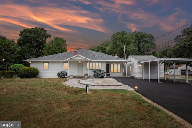 single story home featuring a carport and a yard