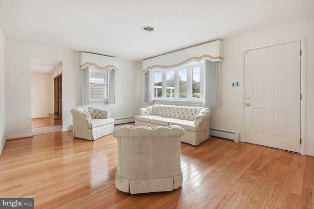 living room featuring light hardwood / wood-style floors and a baseboard radiator