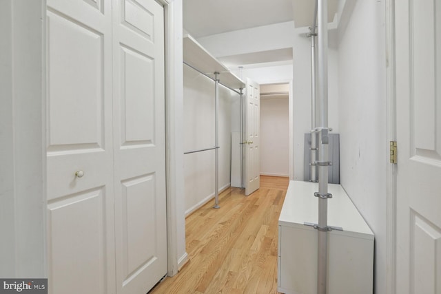 walk in closet with light hardwood / wood-style flooring