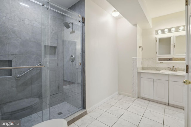 bathroom with toilet, tile patterned flooring, walk in shower, and vanity