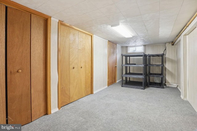 basement with light colored carpet and wood walls