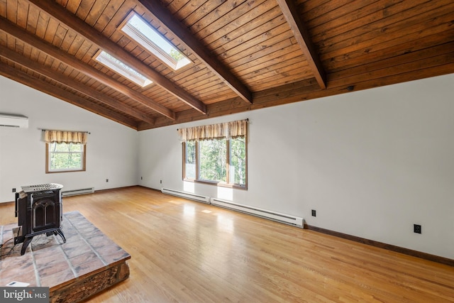 unfurnished living room with light wood-type flooring, a skylight, wood ceiling, a wood stove, and a baseboard radiator