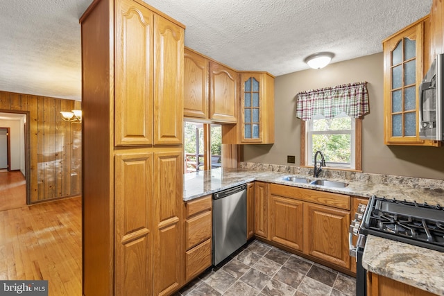 kitchen featuring wooden walls, stainless steel appliances, plenty of natural light, light stone counters, and sink