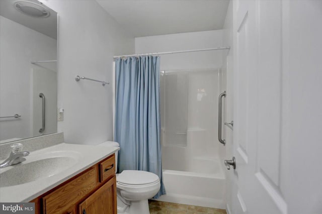 full bathroom with tile patterned floors, vanity, toilet, and shower / bathtub combination with curtain