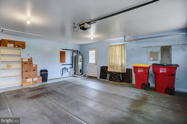 garage featuring electric panel, water heater, and a garage door opener