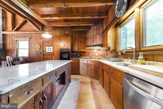 kitchen featuring wooden ceiling, sink, wooden walls, beamed ceiling, and stainless steel appliances