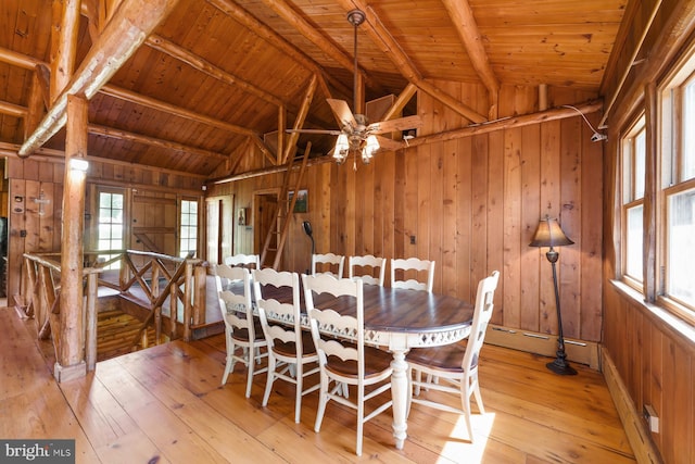 dining area featuring wooden walls, light hardwood / wood-style flooring, and wooden ceiling