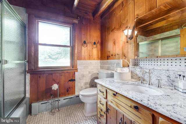 bathroom featuring vanity, a shower with door, a baseboard heating unit, beamed ceiling, and wood ceiling