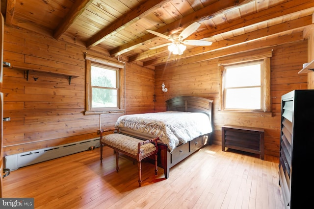 bedroom featuring baseboard heating, wooden walls, ceiling fan, beam ceiling, and wooden ceiling