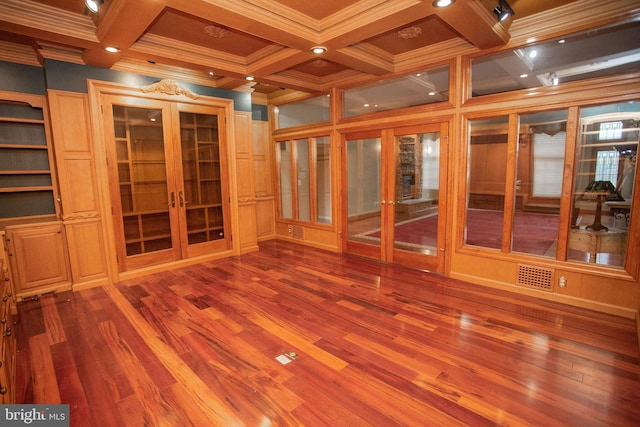 unfurnished sunroom with french doors and coffered ceiling