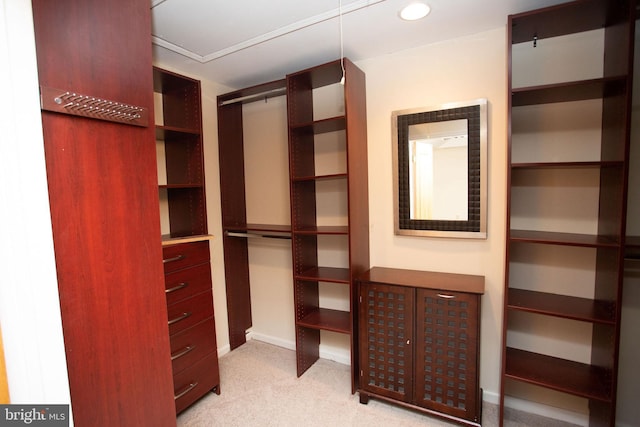 walk in closet featuring light colored carpet