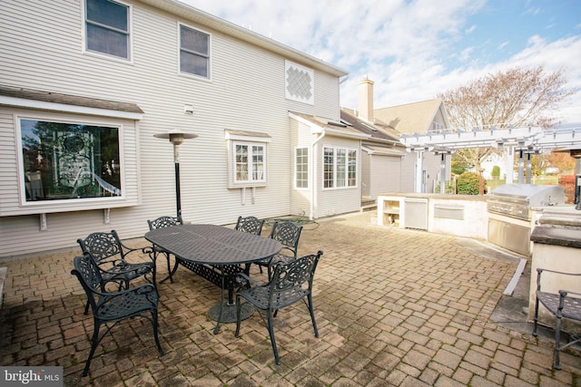 view of patio / terrace with area for grilling, a grill, and a pergola