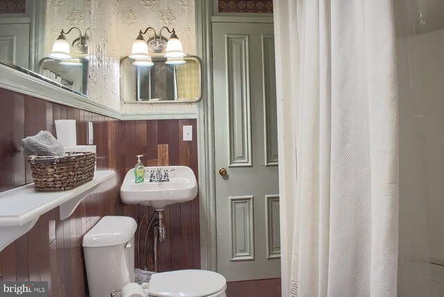 bathroom with wood walls, sink, and toilet