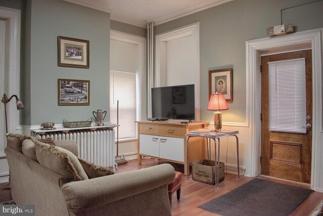 living room with radiator, ornamental molding, and light wood-type flooring