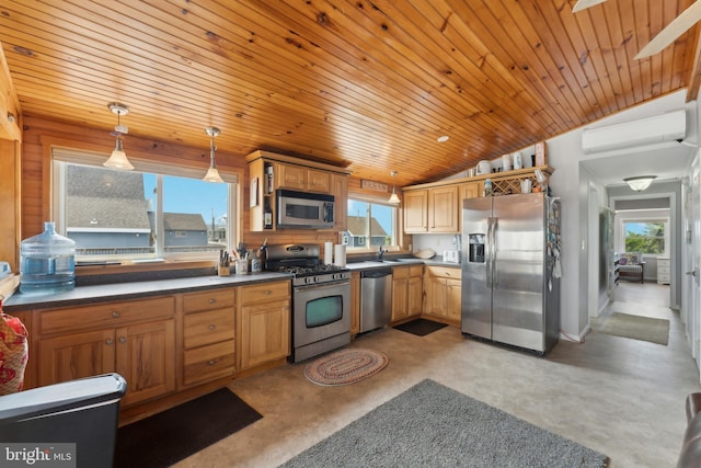 kitchen featuring vaulted ceiling, an AC wall unit, decorative light fixtures, stainless steel appliances, and wooden ceiling