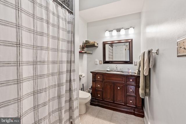 bathroom with tile patterned floors, vanity, toilet, and a shower with shower curtain