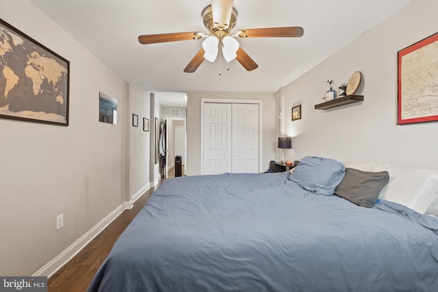 bedroom featuring a closet, ceiling fan, and dark hardwood / wood-style floors