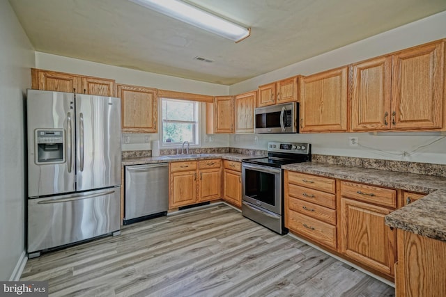 kitchen featuring visible vents, a sink, light wood-style floors, appliances with stainless steel finishes, and dark countertops