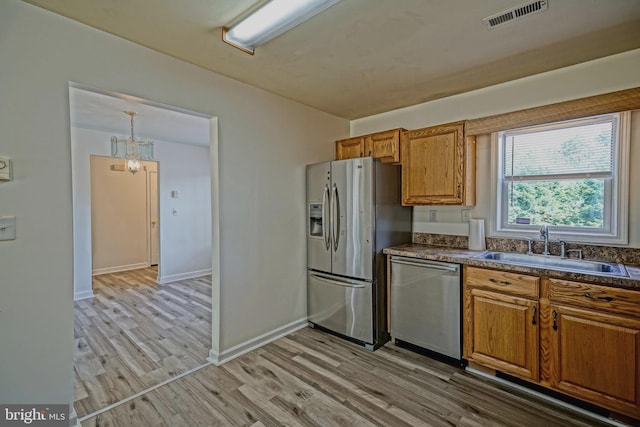 kitchen featuring a sink, stainless steel appliances, dark countertops, and visible vents