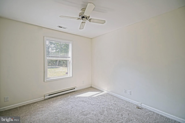 carpeted spare room featuring ceiling fan and baseboard heating