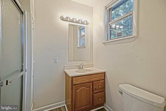 bathroom with toilet, vanity, and an enclosed shower