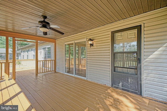 wooden deck featuring ceiling fan and covered porch