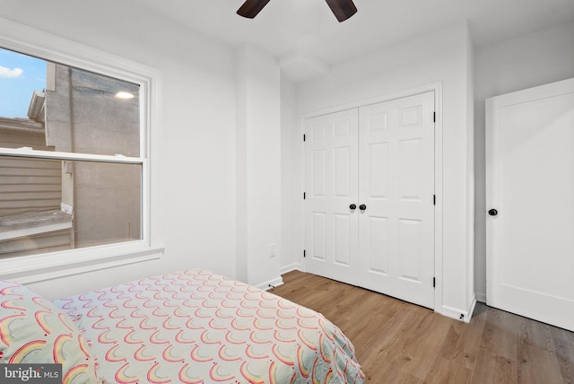 bedroom with ceiling fan, a closet, and wood-type flooring