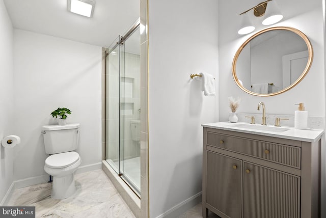 bathroom with vanity, toilet, tile patterned floors, and an enclosed shower