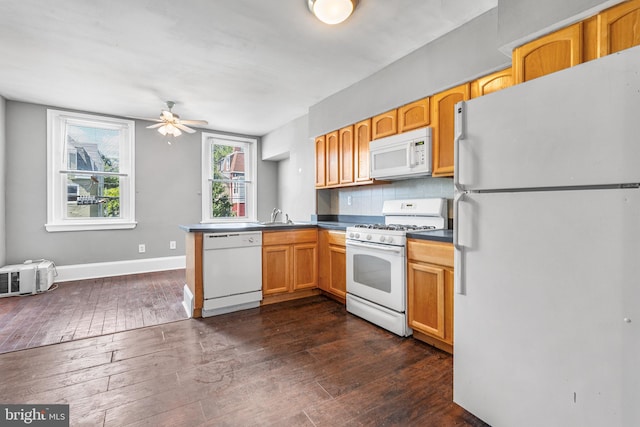 kitchen with ceiling fan, backsplash, white appliances, and dark hardwood / wood-style flooring