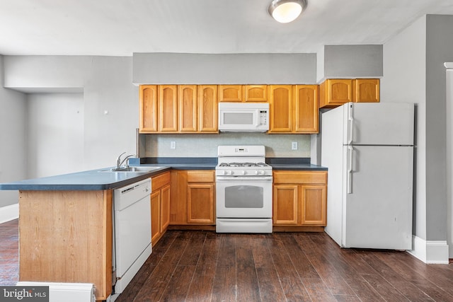 kitchen featuring dark hardwood / wood-style floors, kitchen peninsula, decorative backsplash, sink, and white appliances