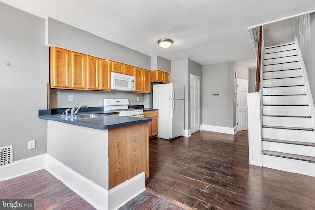 kitchen with backsplash, dark hardwood / wood-style floors, kitchen peninsula, sink, and white appliances