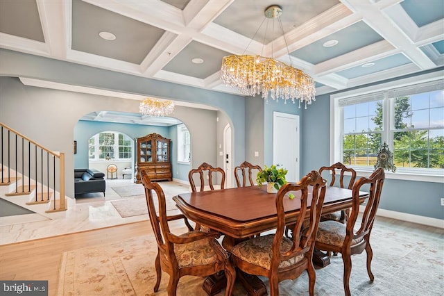 dining room with coffered ceiling, a chandelier, beam ceiling, and hardwood / wood-style flooring