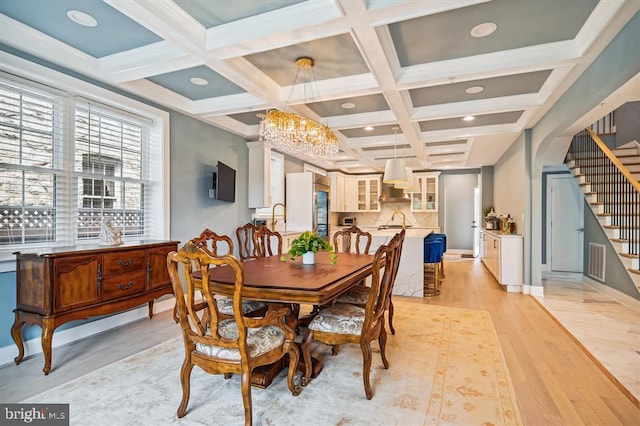 dining room with beamed ceiling, light hardwood / wood-style floors, sink, a notable chandelier, and coffered ceiling