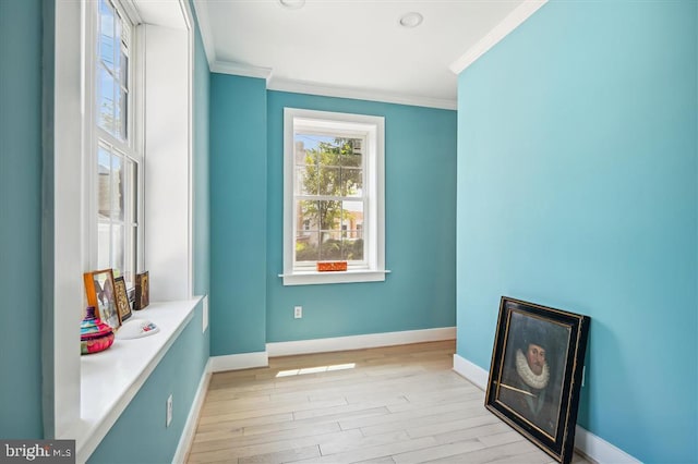 interior space featuring light hardwood / wood-style floors and ornamental molding