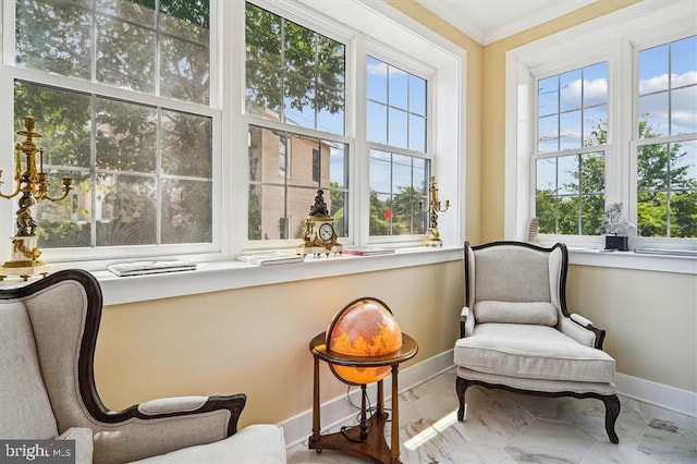 living area with crown molding