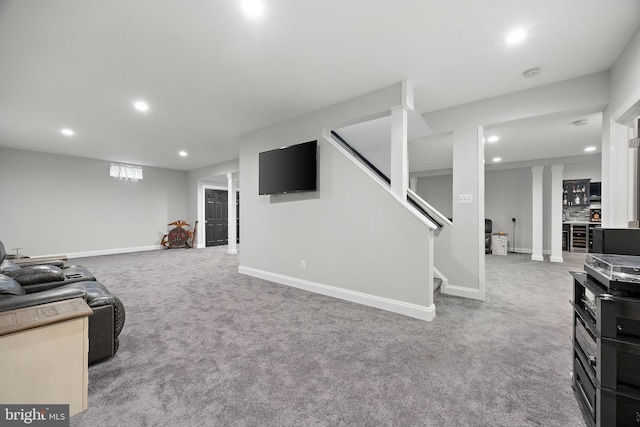 345 Austin Dr, Oxford, PA 19363 - living area featuring stairway, recessed lighting, carpet flooring, and baseboards