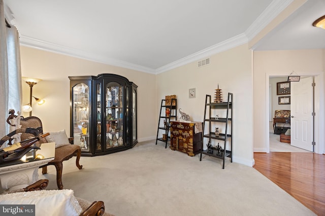 345 Austin Dr, Oxford, PA 19363 - sitting room featuring carpet, visible vents, baseboards, and crown molding