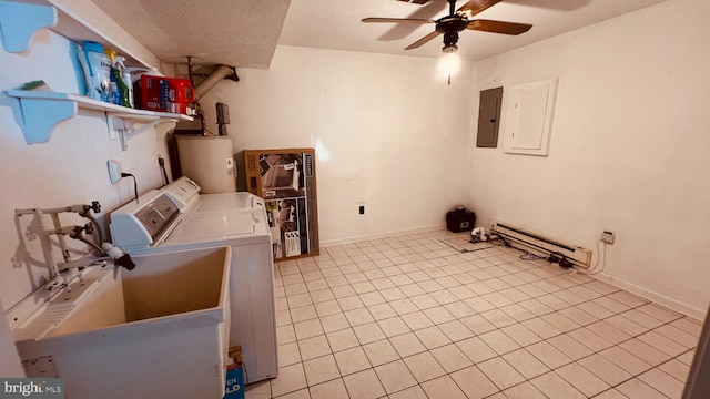 laundry room featuring gas water heater, a baseboard heating unit, electric panel, separate washer and dryer, and ceiling fan