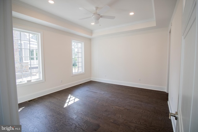 spare room with a raised ceiling, ceiling fan, crown molding, and dark hardwood / wood-style floors