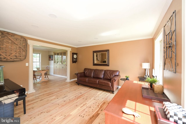 living room featuring crown molding, light hardwood / wood-style flooring, and decorative columns