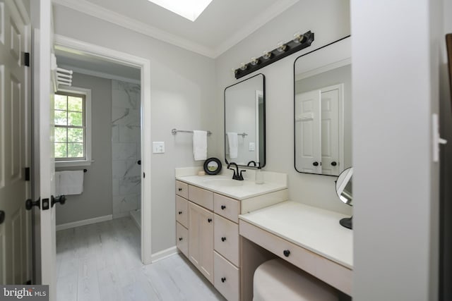 bathroom with wood-type flooring, walk in shower, vanity, and ornamental molding