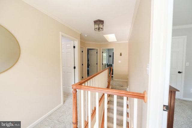 hallway featuring a skylight, ornamental molding, and light colored carpet